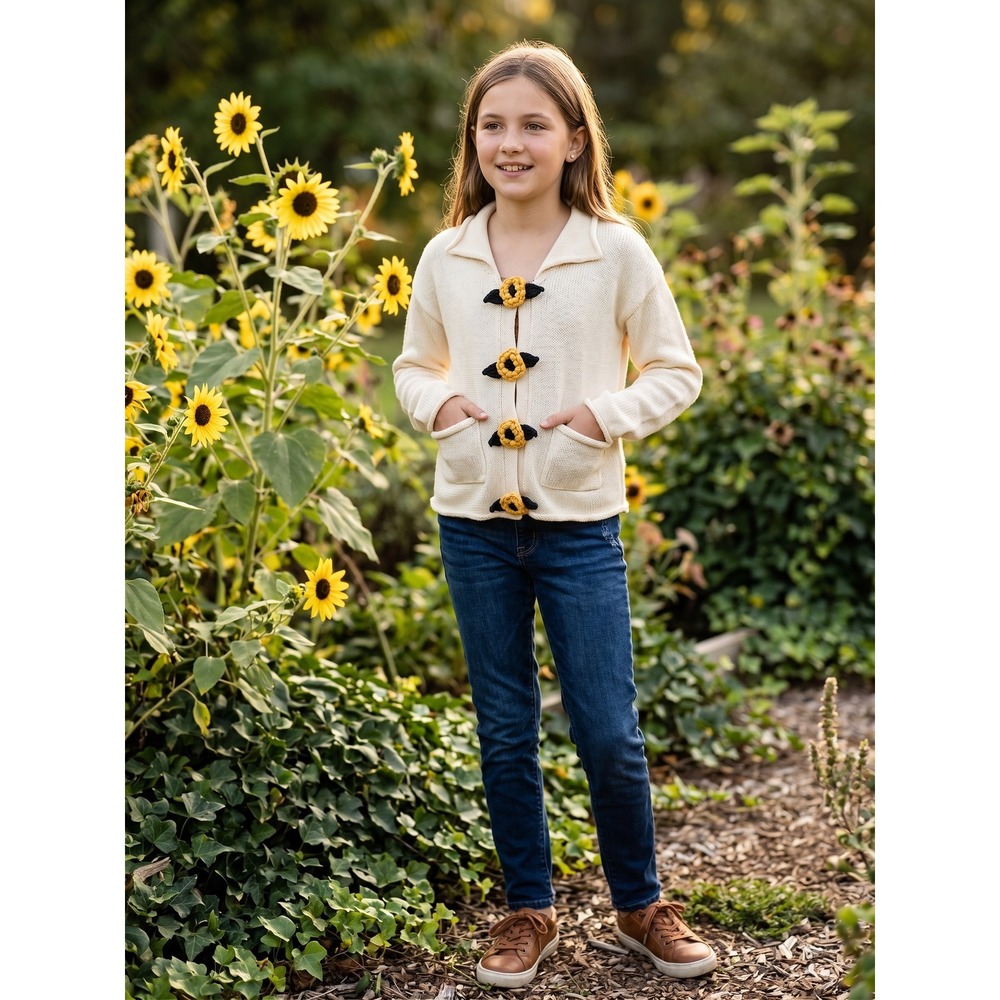Dia Cardigan Sweater Girl 12 Cottagecore Sunflower Crochet Wool Knit Boho Flower